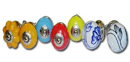 Range of furniture handles made with a cracked paint effect.